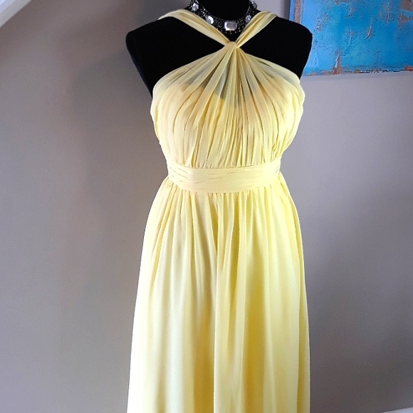 Azazie/ Yellow/ Sheer/ Halter Maxi Dress - Picture 6 of 10